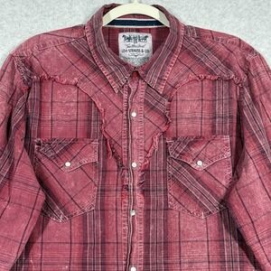 Levis Shirt Men Large Pearl Snap Selvedge Western Yoke Utility Red Plaid Raw Hem